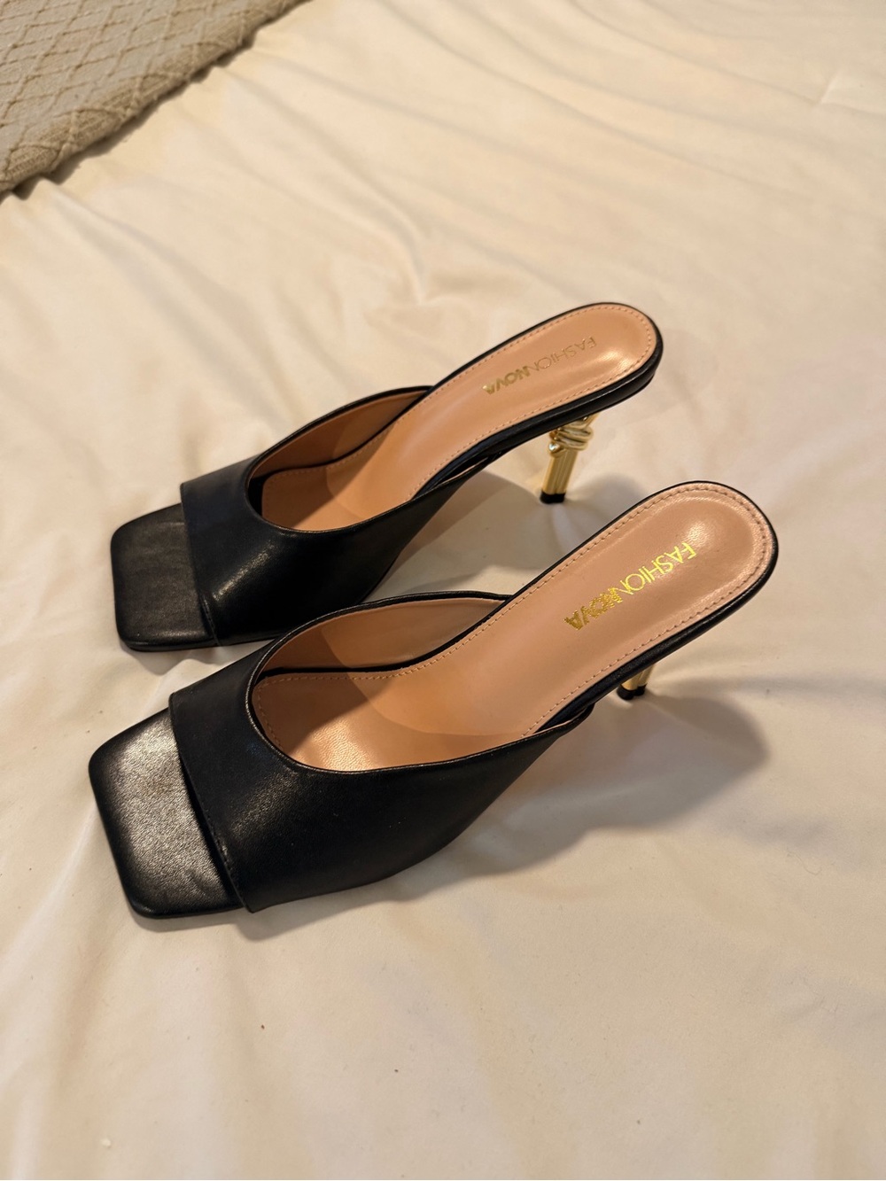 Fashion Nova Black Leather Square-Toe Mule Heels with Gold Sculpted Heel
